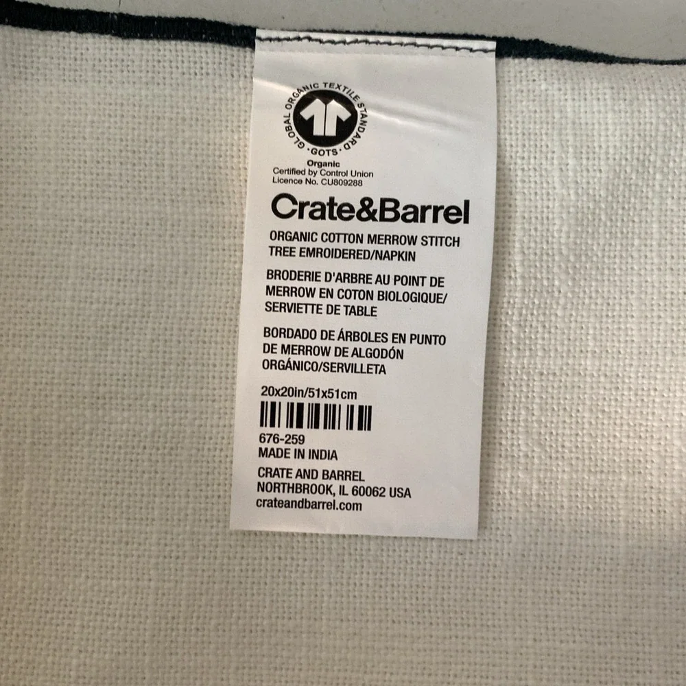 Set of 5 Crate & Barrel Merrow-Stitch White Green Stripe Napkin Embroidered Tree